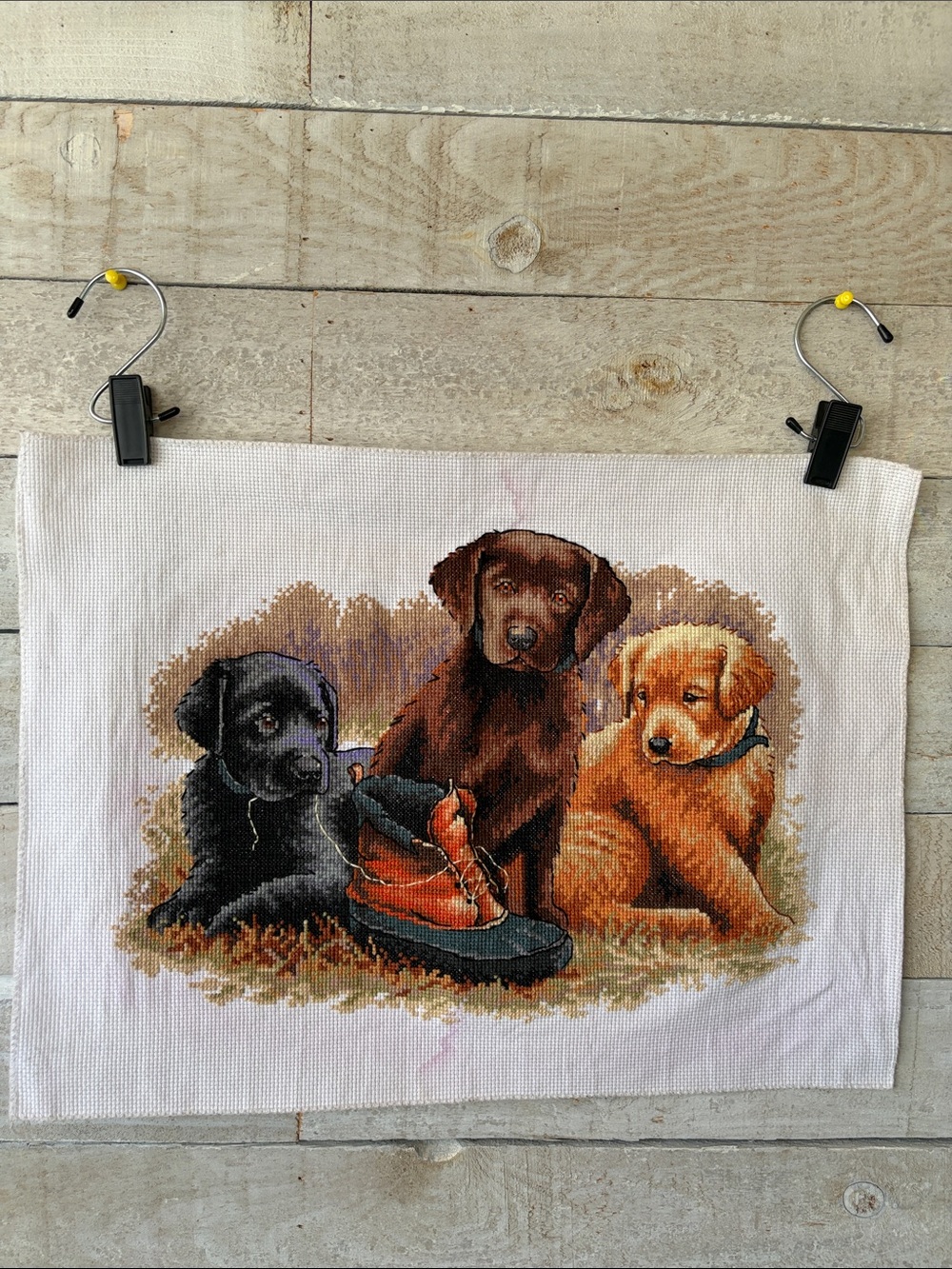 Hand-Stitched Cross Stitch Labrador Puppies with Hiking Boot Rustic Dog Art